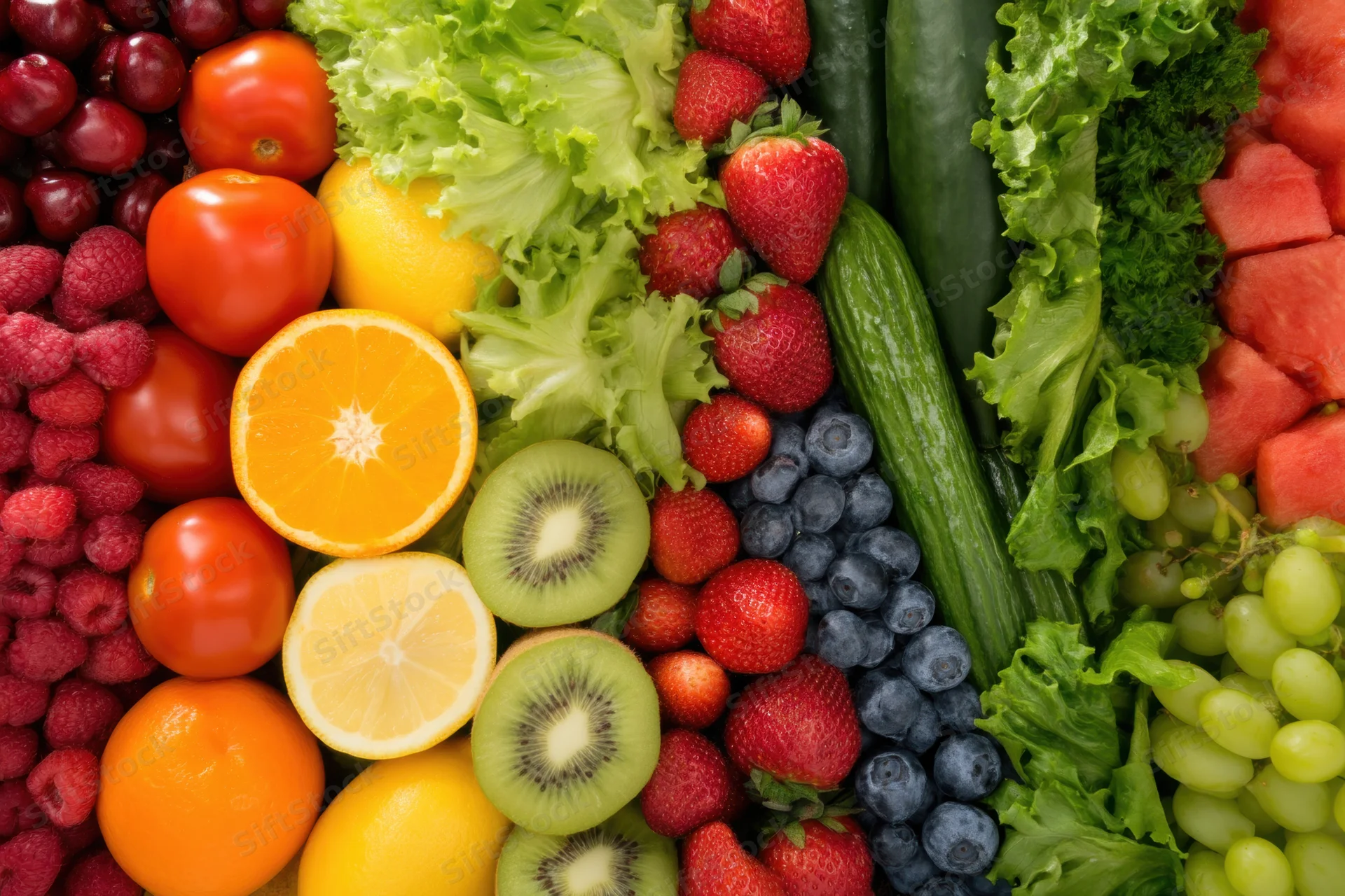 Colorful assortment of fresh fruits and vegetables arranged in a flat lay composition