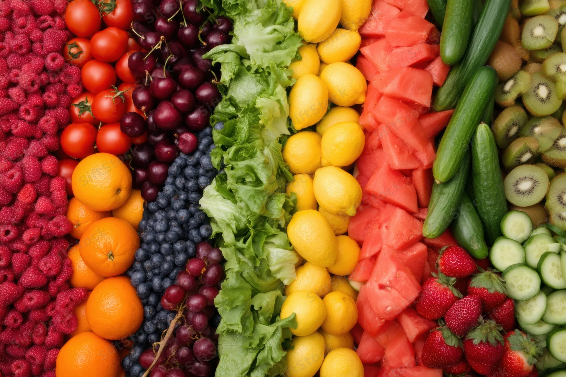 Vibrant assortment of fresh fruits and vegetables arranged in rainbow pattern