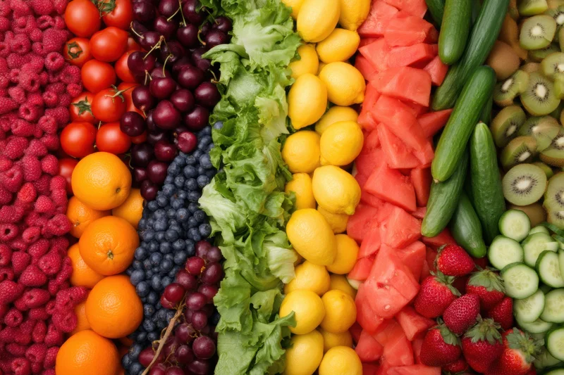 Vibrant assortment of fresh fruits and vegetables arranged in rainbow pattern