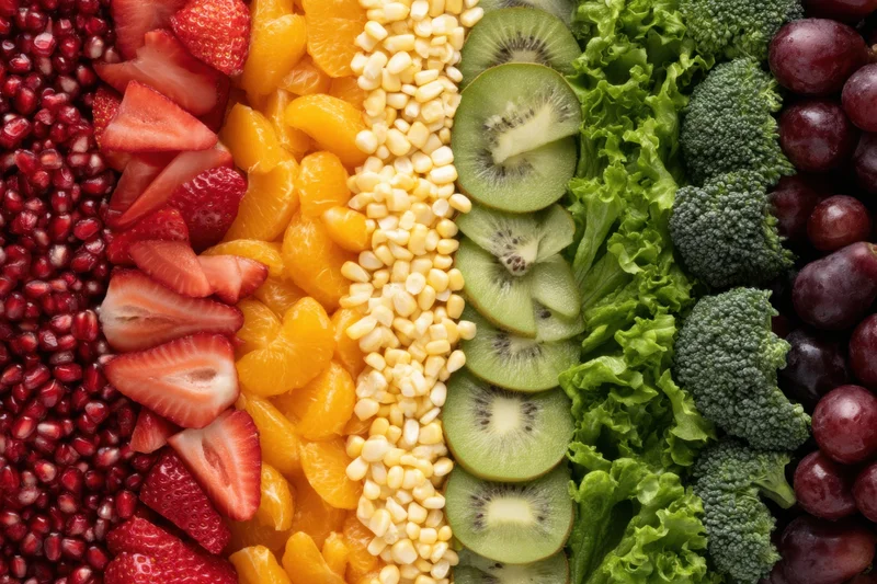 Vertical arrangement of fresh fruits and vegetables in rainbow colors from red to purple