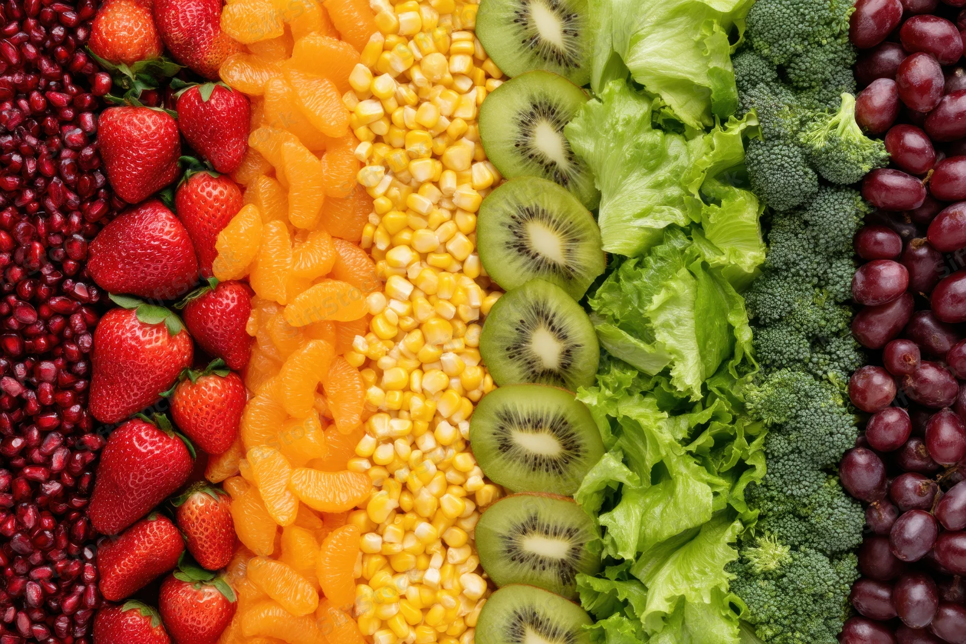 Vertical rows of colorful fruits and vegetables arranged in a rainbow pattern on a flat surface