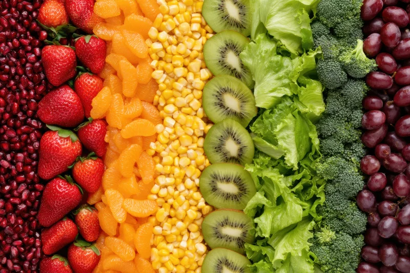Vertical rows of colorful fruits and vegetables arranged in a rainbow pattern on a flat surface