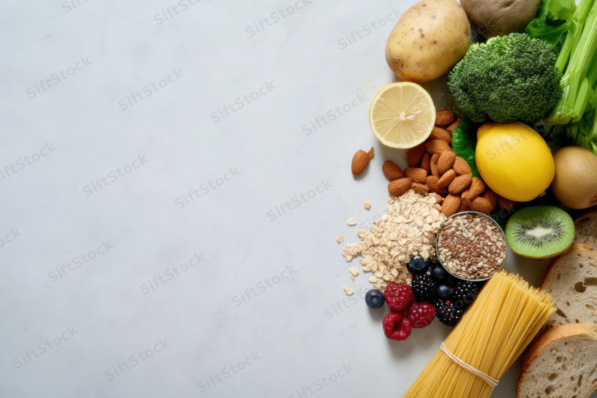 Fresh vegetables fruits nuts and grains arranged on a marble countertop with copyspace