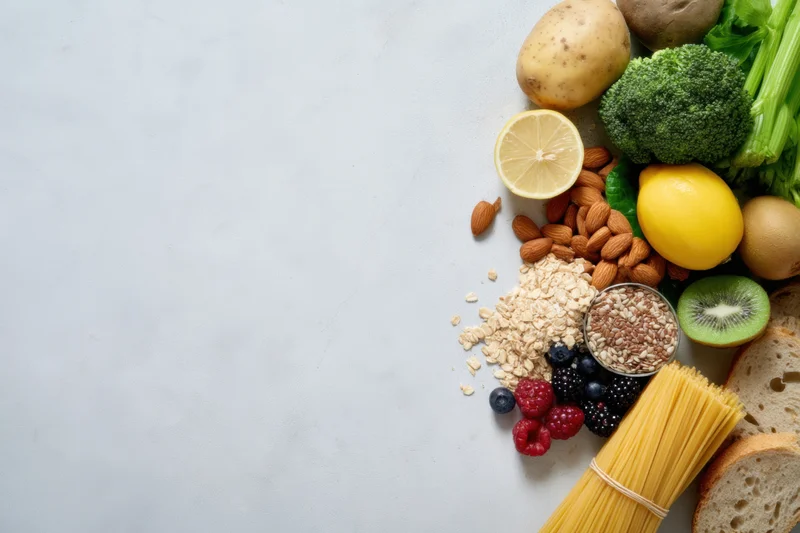Fresh vegetables fruits nuts and grains arranged on a marble countertop with copyspace