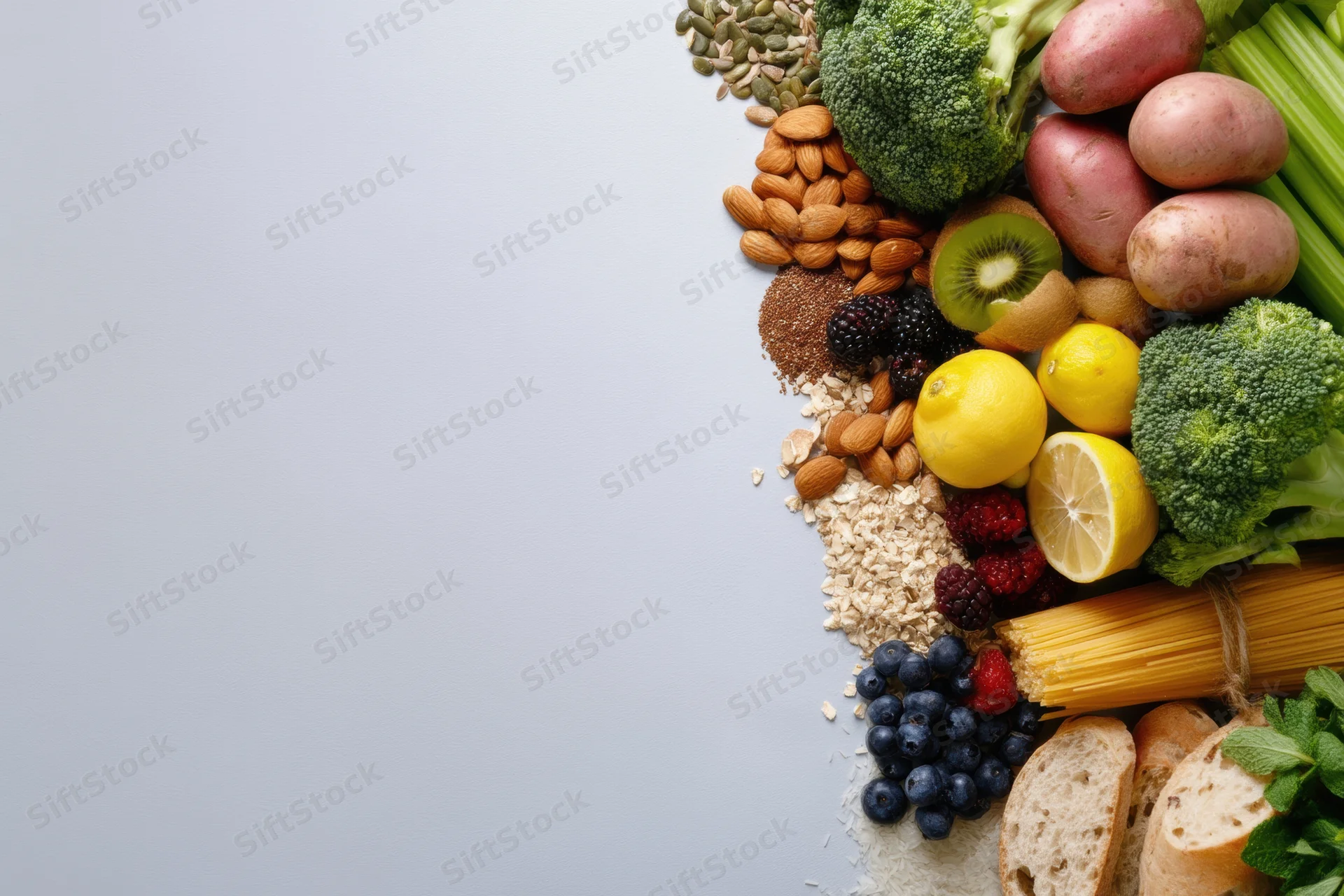Fresh vegetables fruits nuts and grains arranged along right edge on light gray surface