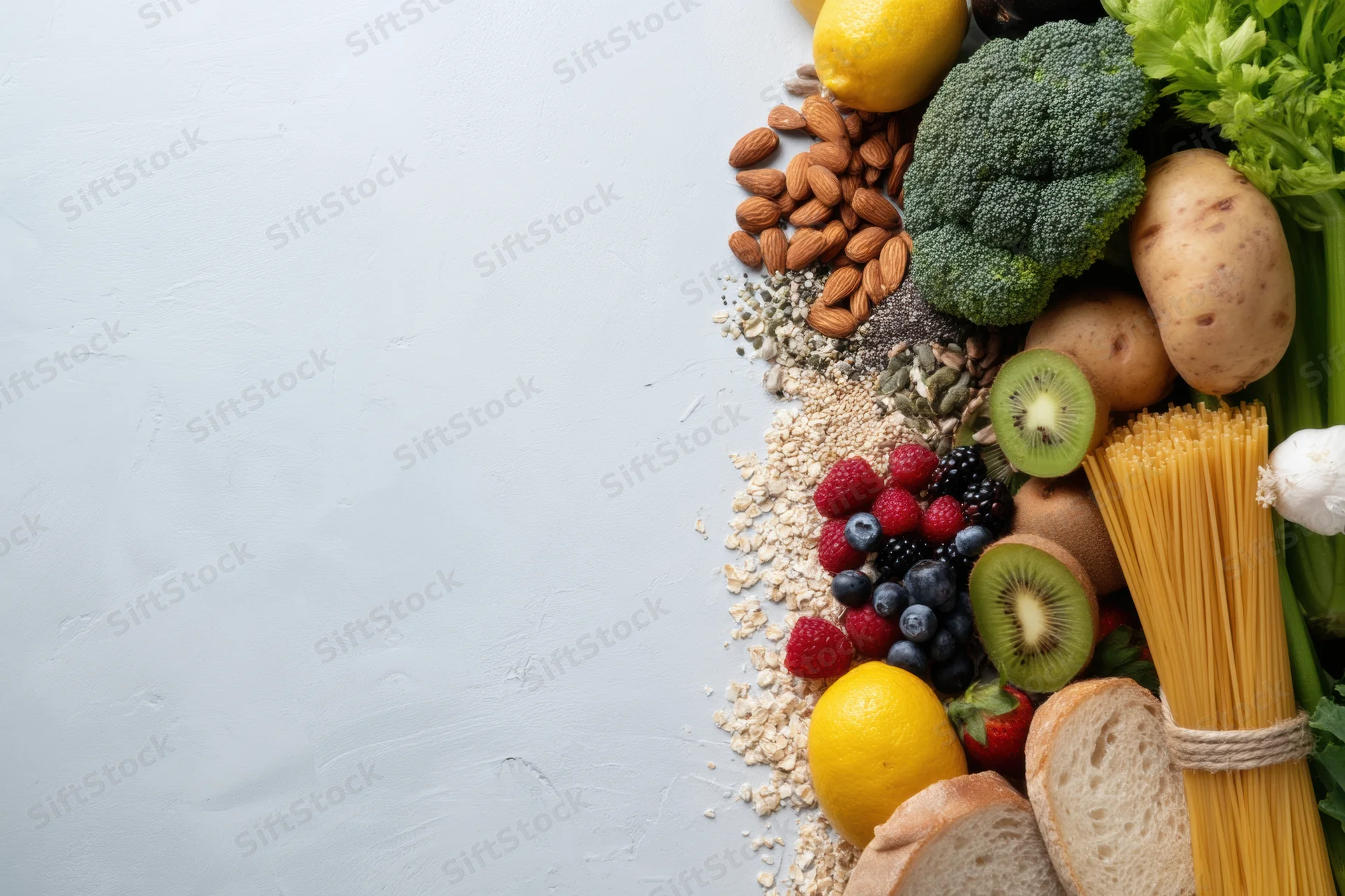 Fresh vegetables fruits nuts and grains arranged along right side of light gray surface