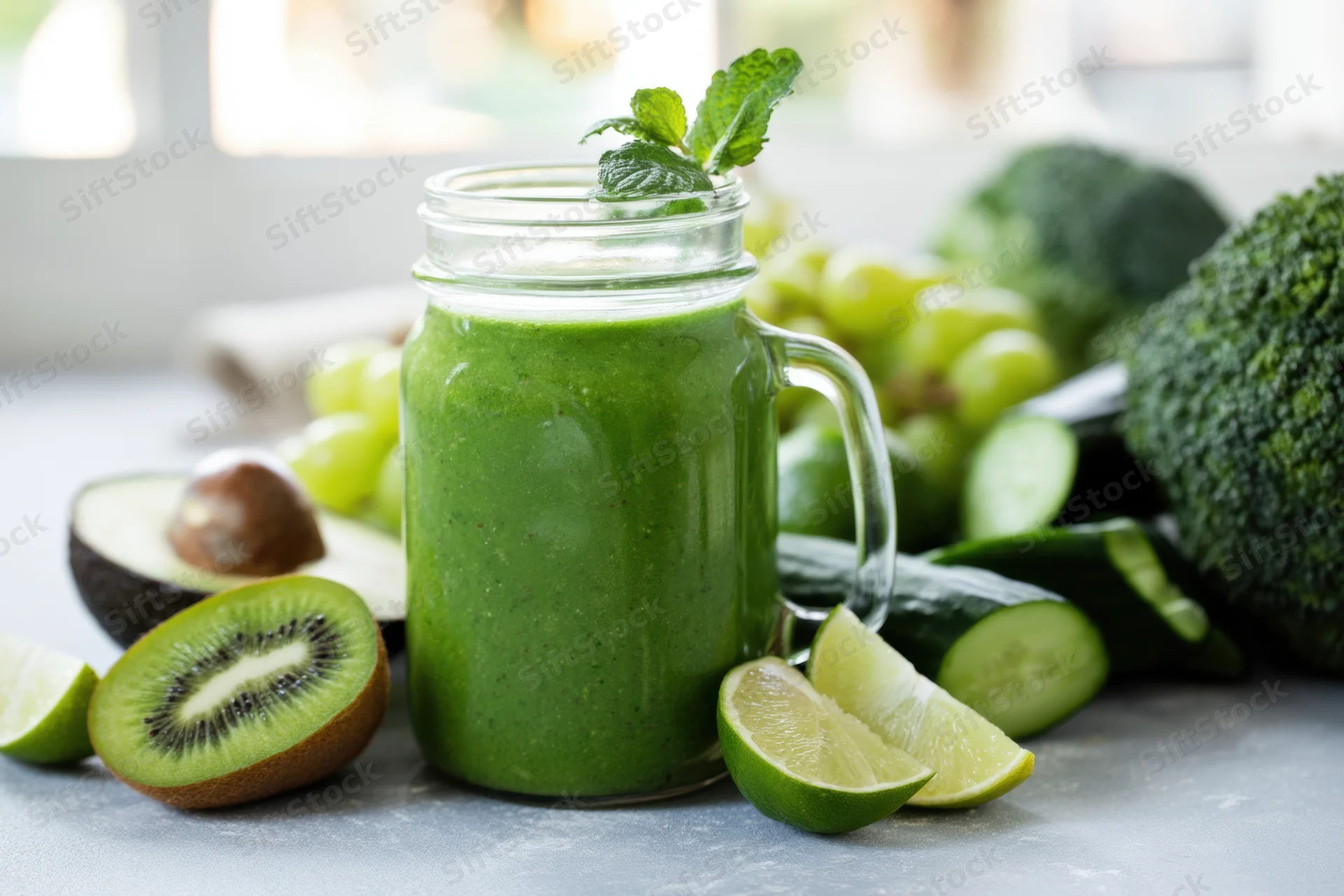Green smoothie in a glass mason jar with mint garnish surrounded by fresh fruits and vegetables on a kitchen countertop