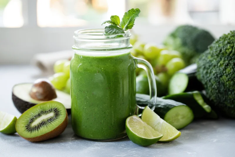 Green smoothie in a glass mason jar with mint garnish surrounded by fresh fruits and vegetables on a kitchen countertop