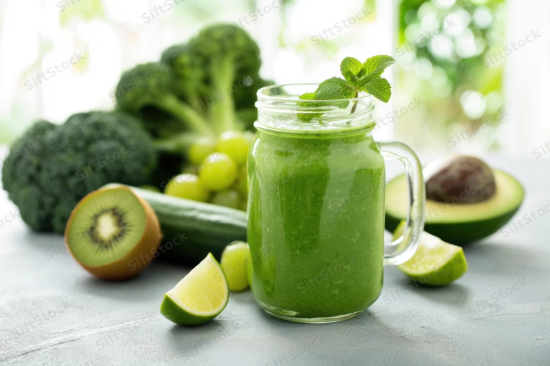 Green smoothie in a mason jar surrounded by broccoli, kiwi, avocado, lime, cucumber, and grapes on a gray countertop