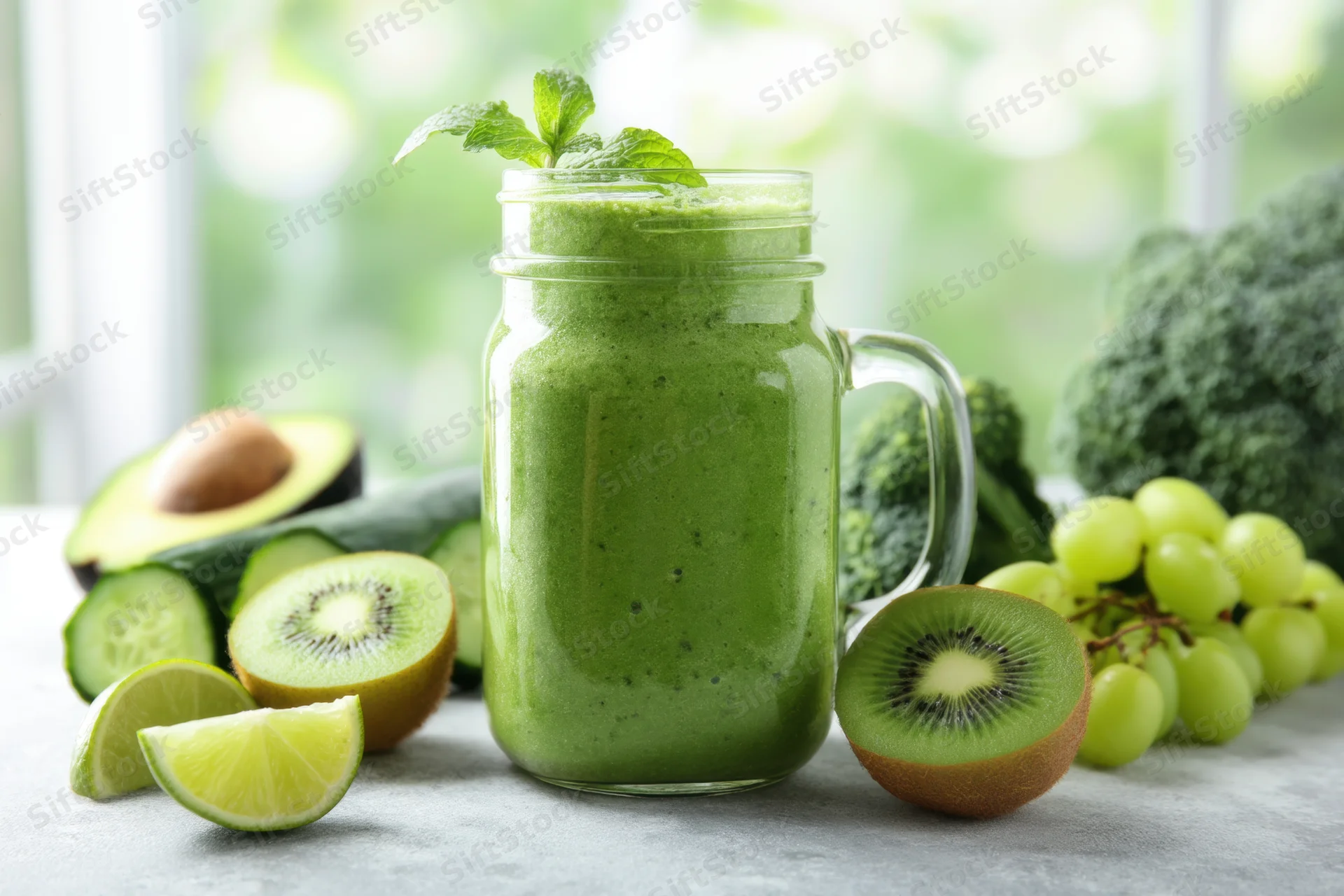 Green smoothie in a mason jar surrounded by fresh fruits and vegetables on a countertop near a window