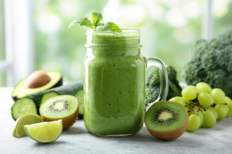 Green smoothie in a mason jar surrounded by fresh fruits and vegetables on a countertop near a window