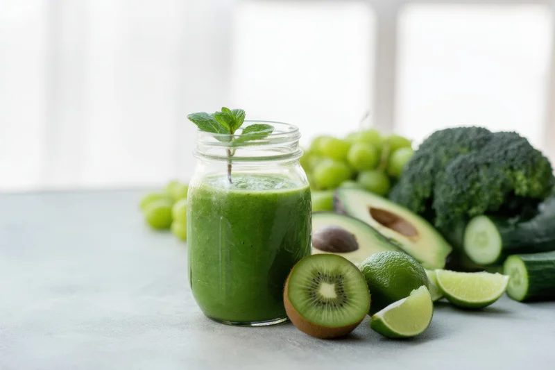 Green smoothie in a mason jar surrounded by fresh fruits and vegetables on a countertop