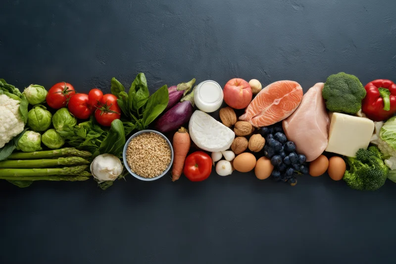 Horizontal arrangement of fresh vegetables fruits grains dairy and protein on dark surface