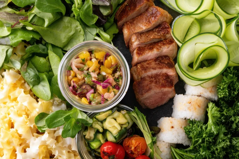 Gourmet meal with grilled pork, fresh vegetables, sushi, and relish arranged on a dark surface