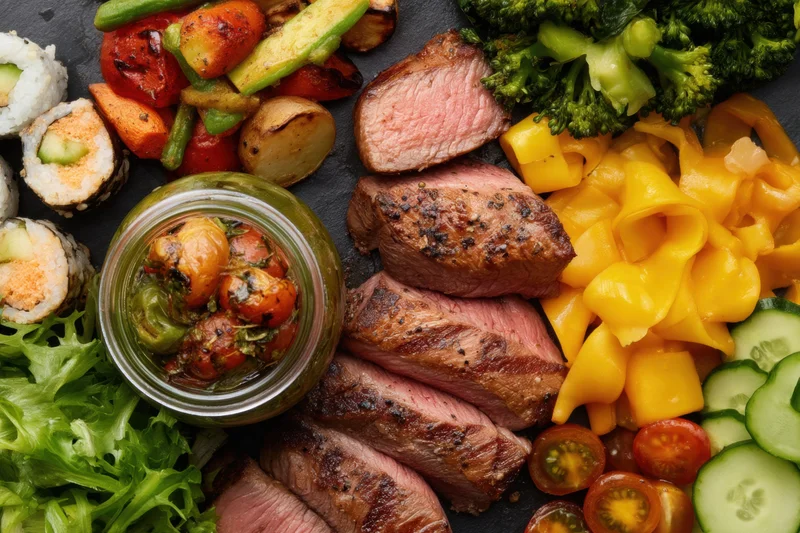 Grilled steak and sushi arranged with roasted vegetables and pickled tomatoes on a dark slate platter