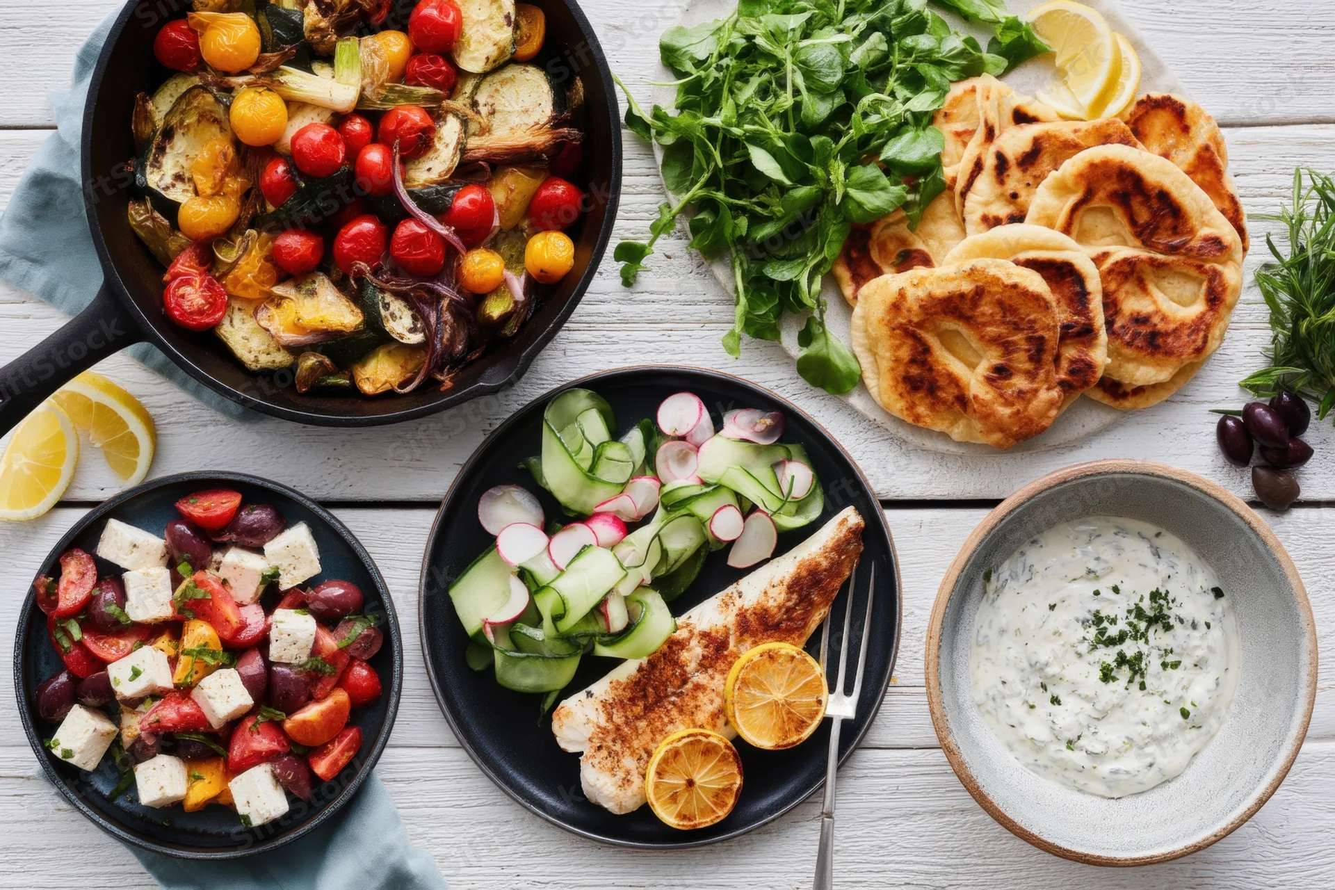 Overhead view of mediterranean dishes arranged on a white wooden table with fish, vegetables, flatbread, salad, and dips