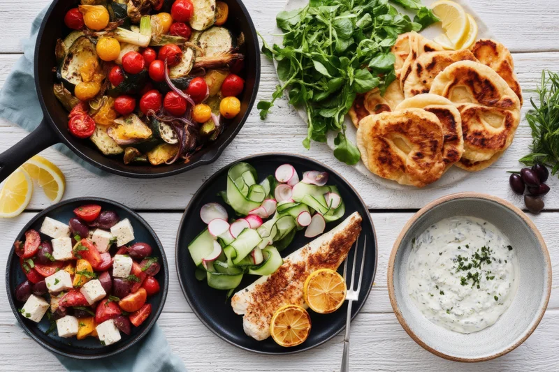 Overhead view of mediterranean dishes arranged on a white wooden table with fish, vegetables, flatbread, salad, and dips