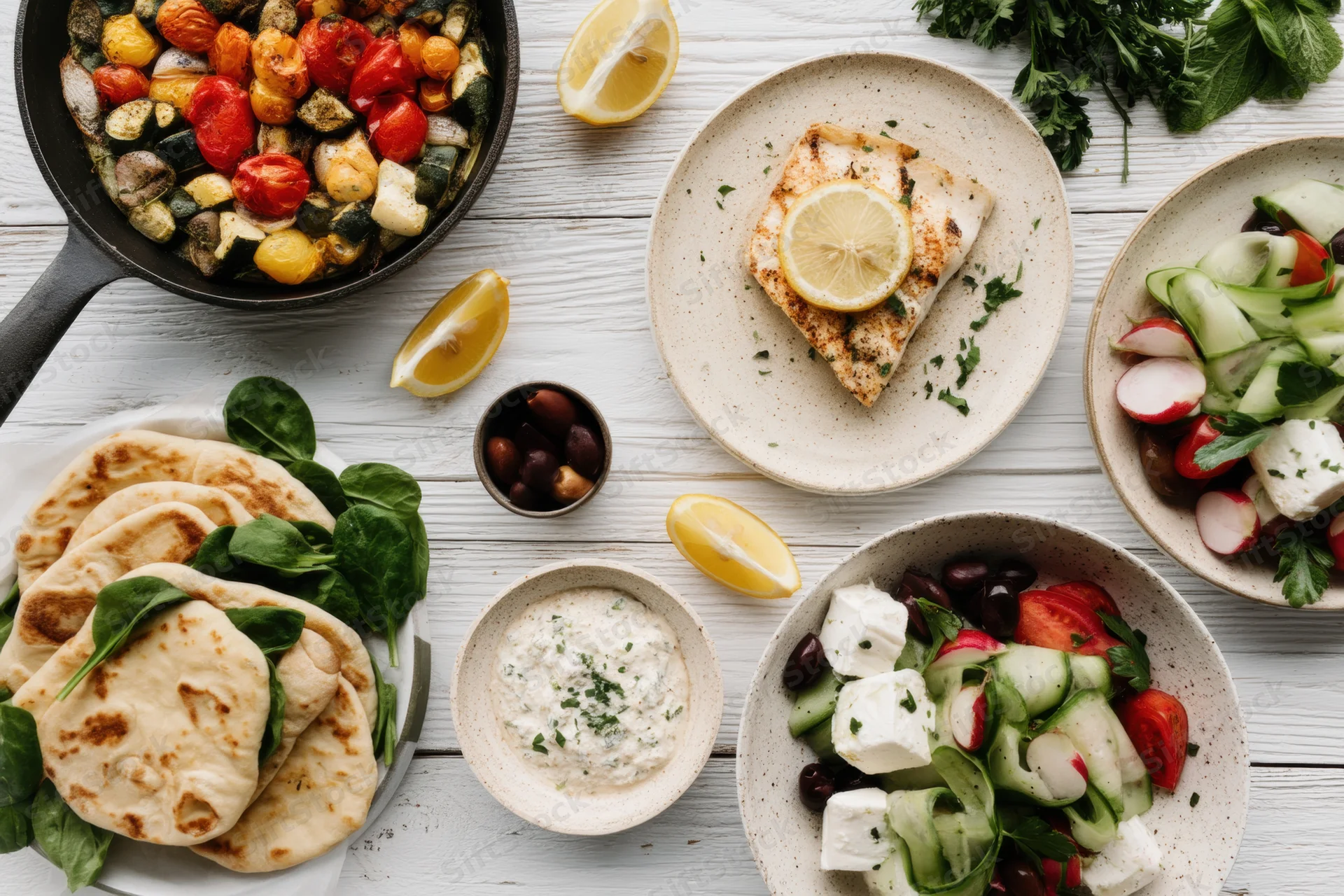 Overhead view of mediterranean dishes including grilled fish, vegetable skillet, pita bread, and salads on a white wooden table