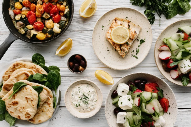 Overhead view of mediterranean dishes including grilled fish, vegetable skillet, pita bread, and salads on a white wooden table