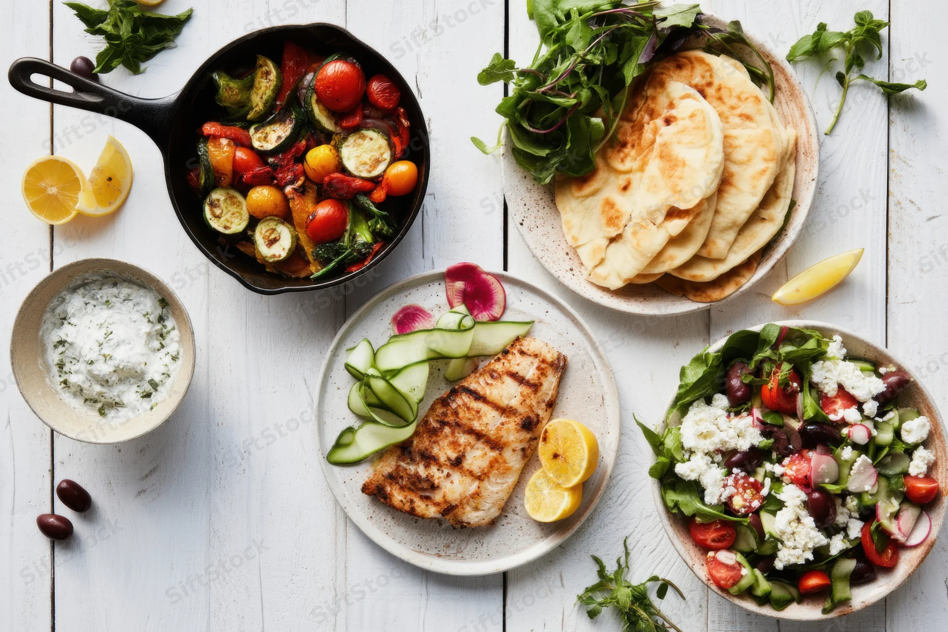 Overhead view of mediterranean dishes including grilled fish, vegetable salad, pita bread and yogurt on a white wooden table