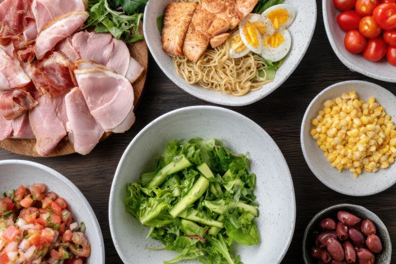 Overhead view of a colorful banquet spread with bowls of salad, pasta, corn, beans, ham, and tomatoes on a dark wooden table