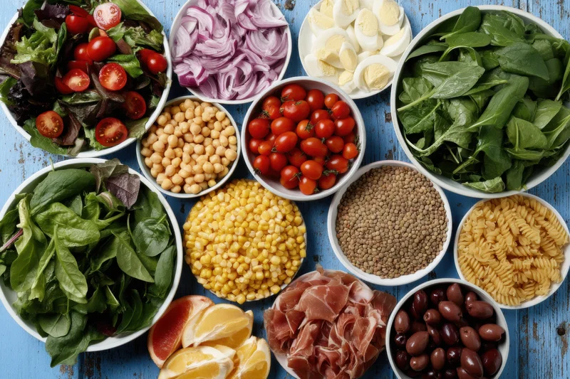 Overhead view of fresh salad ingredients arranged in white bowls on a blue wooden surface