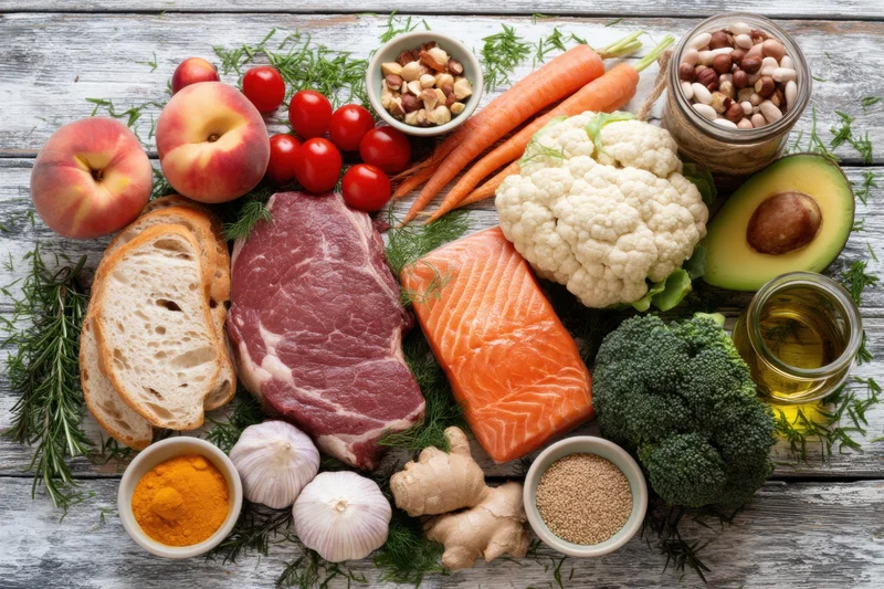 Variety of fresh food ingredients arranged on a weathered wooden table