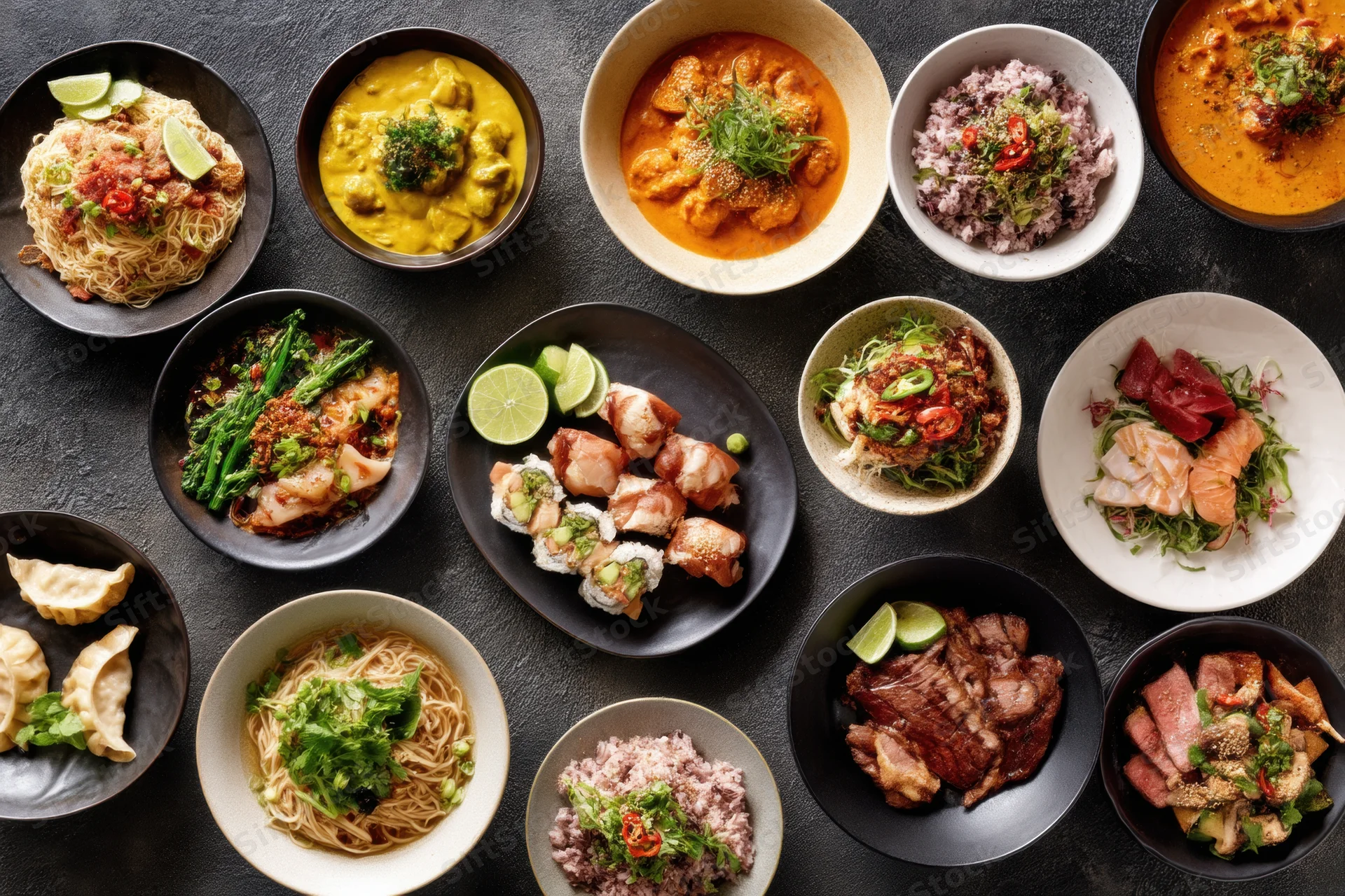 International dishes arranged on a dark surface in a flat lay overhead view