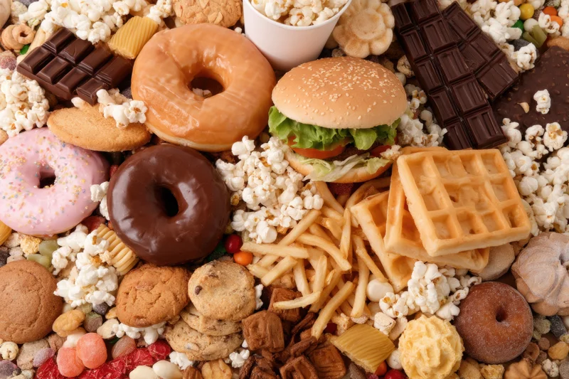 Assorted junk food items arranged in a flat lay on a textured surface