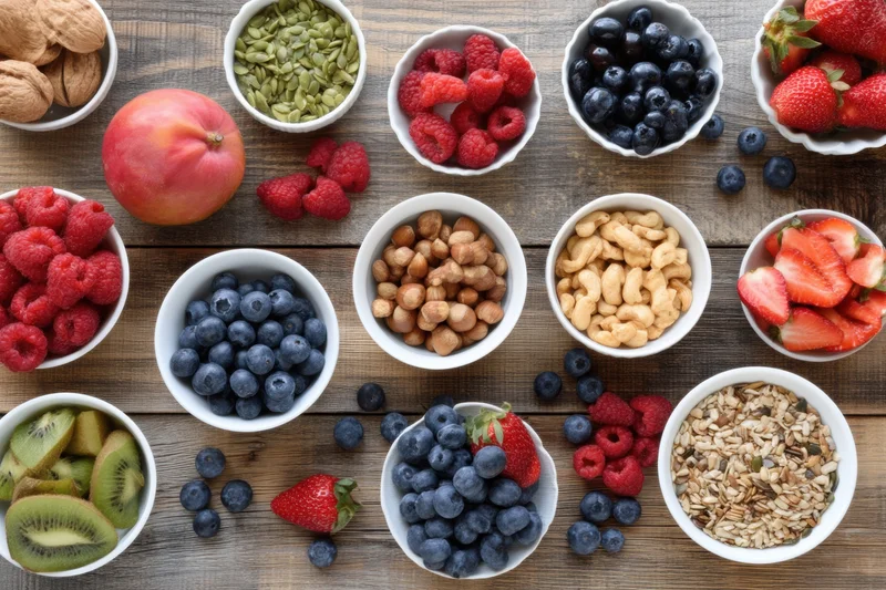 Top-down arrangement of fresh fruits berries nuts and grains in white bowls on wooden table