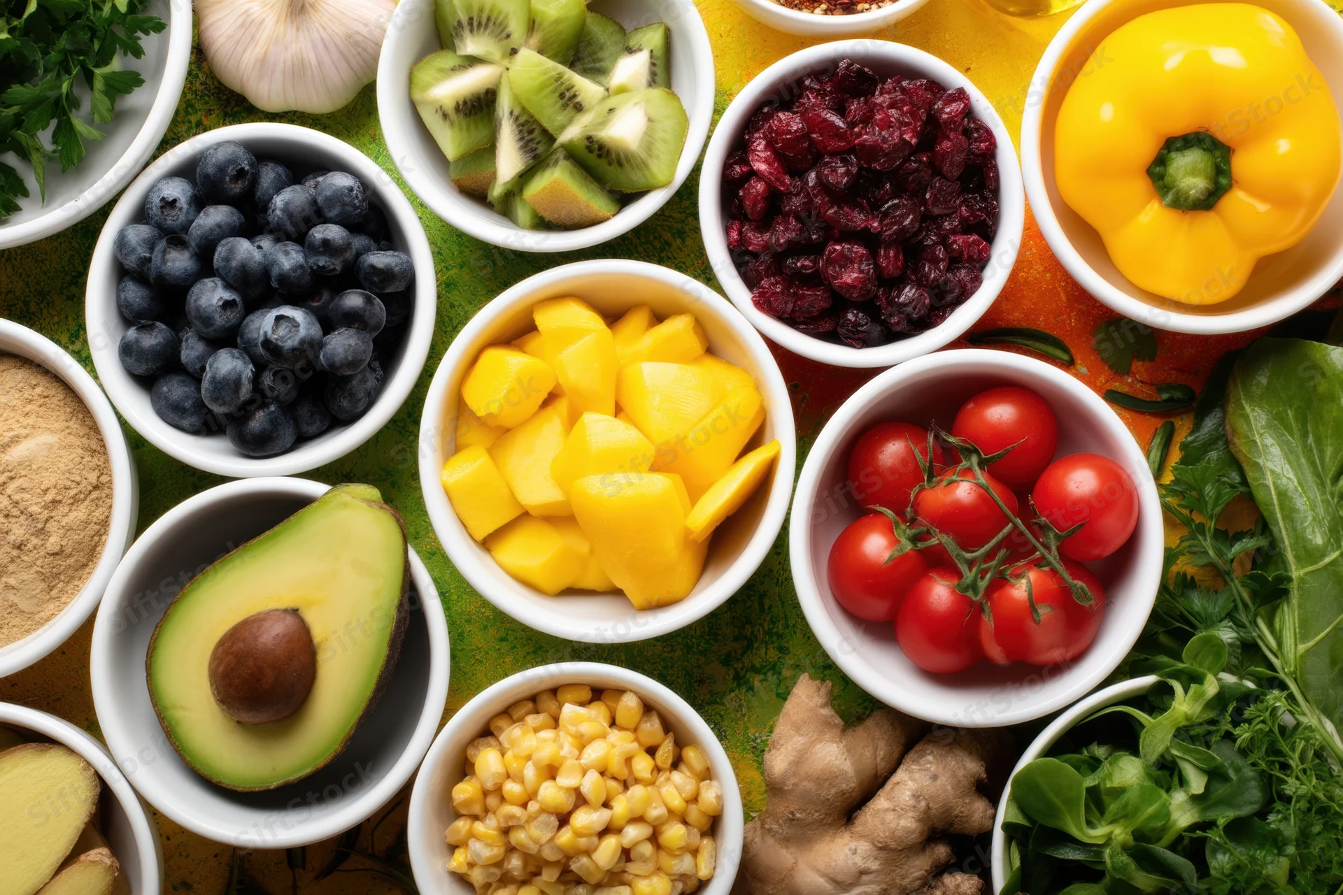 Top-down flat lay of fresh fruits and vegetables in white bowls on a colorful surface
