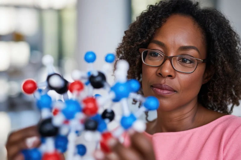 Woman holding a colorful molecular model in a laboratory setting