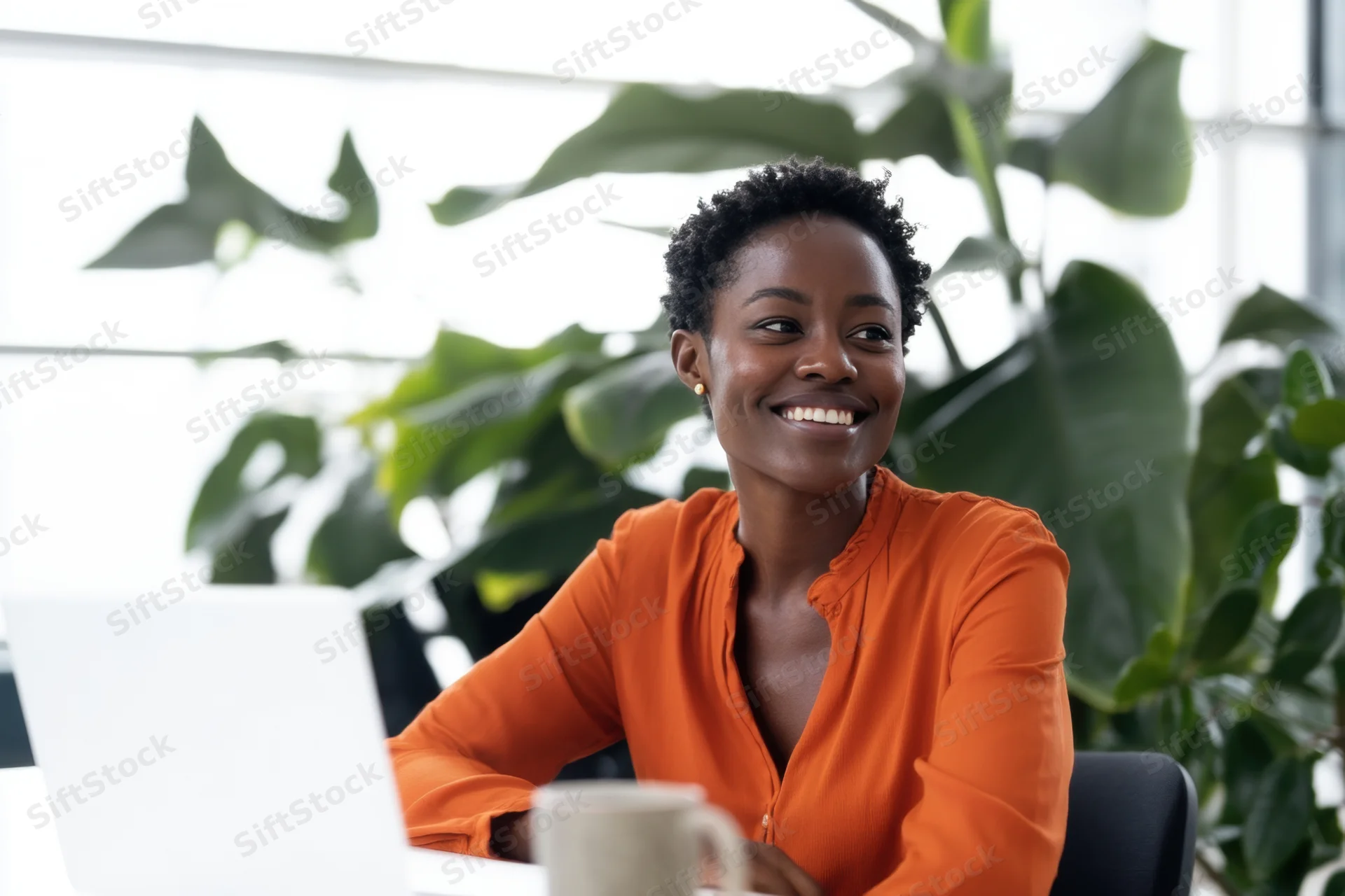 Woman smiling at desk with laptop in office setting