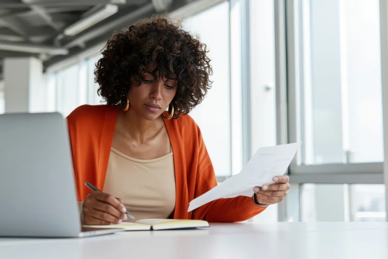 Woman reviewing document while writing in notebook at modern office desk