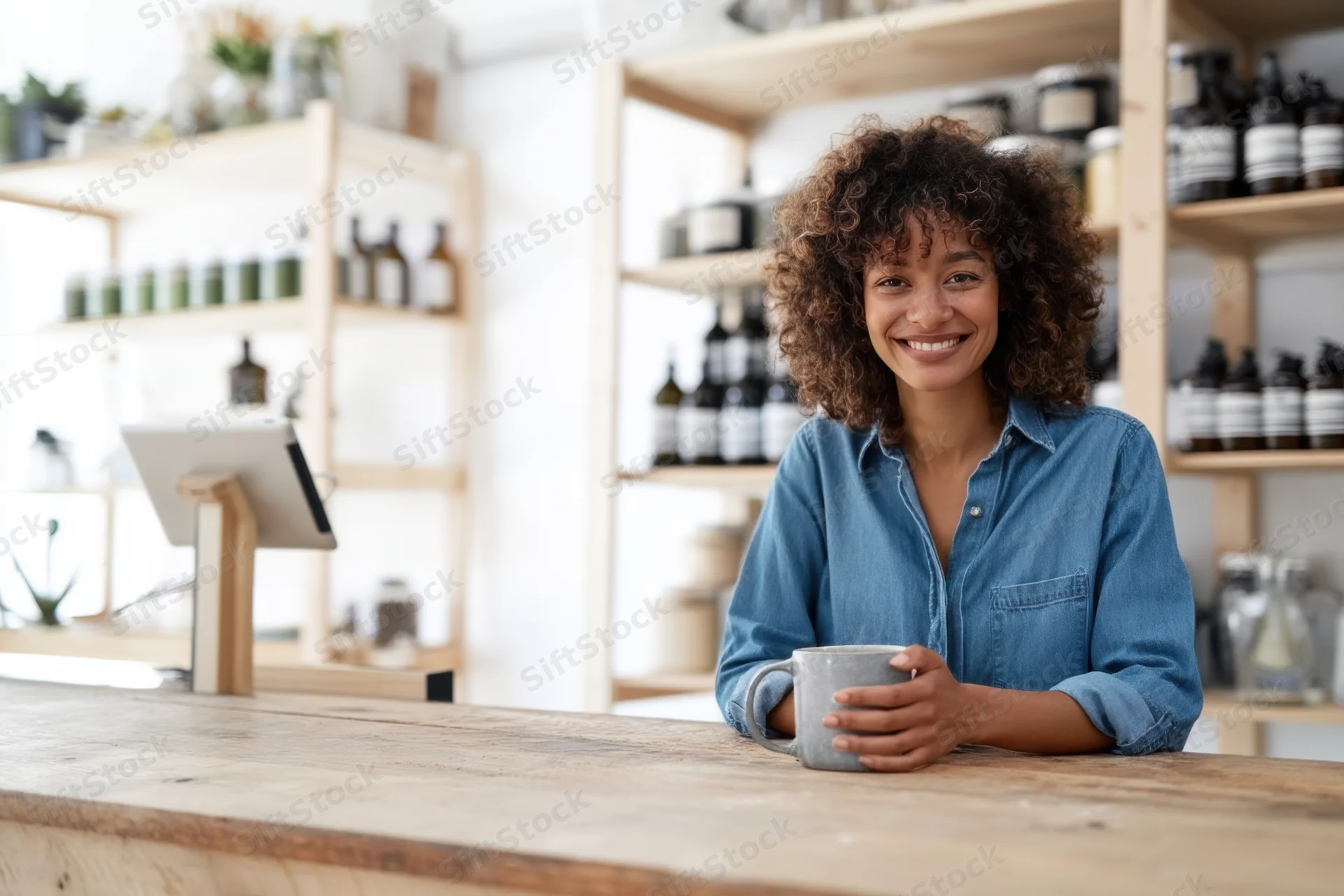 Woman smiling at cafe counter holding mug in front of shelves with beauty products