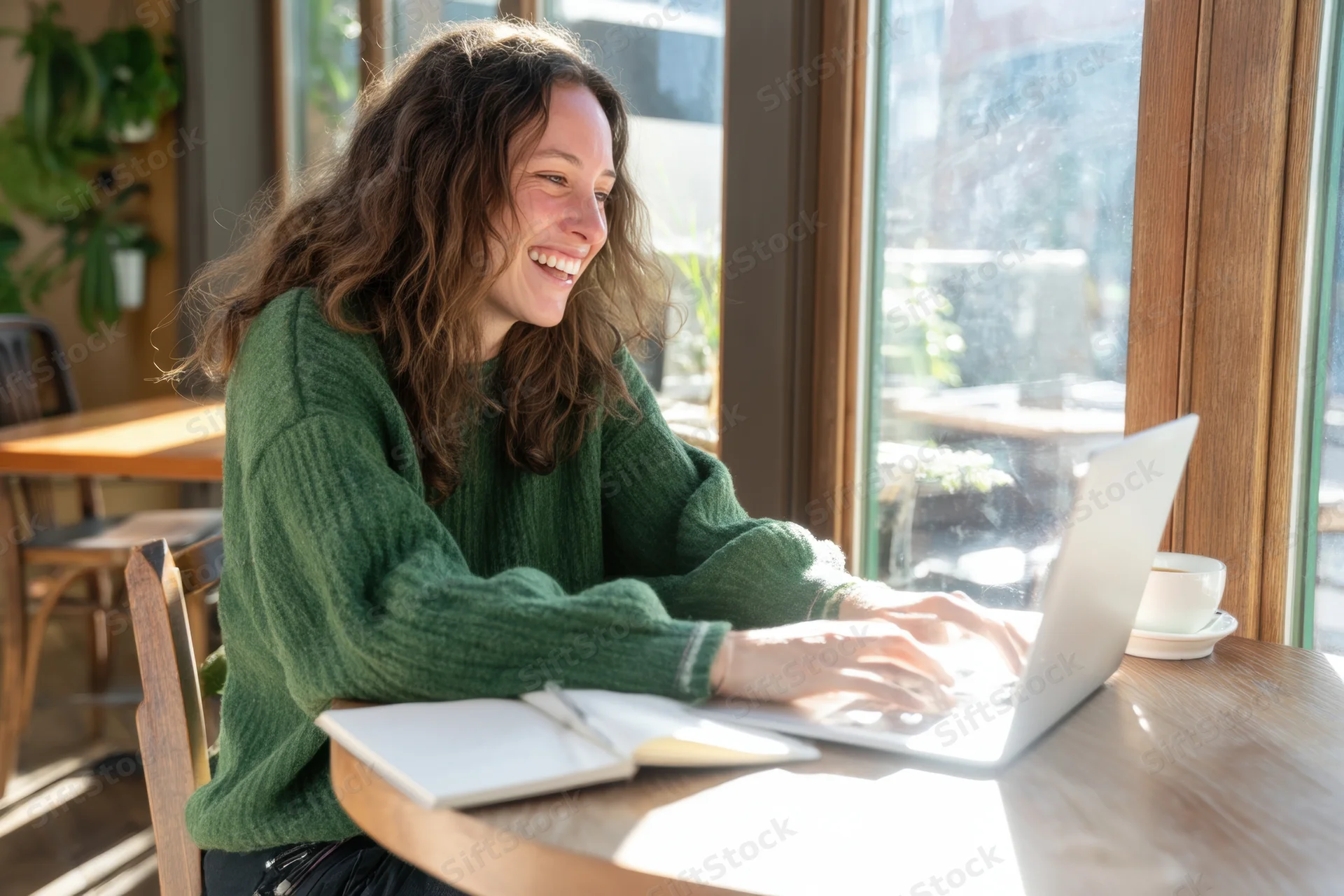 Woman smiling while typing on laptop at cafe table near window