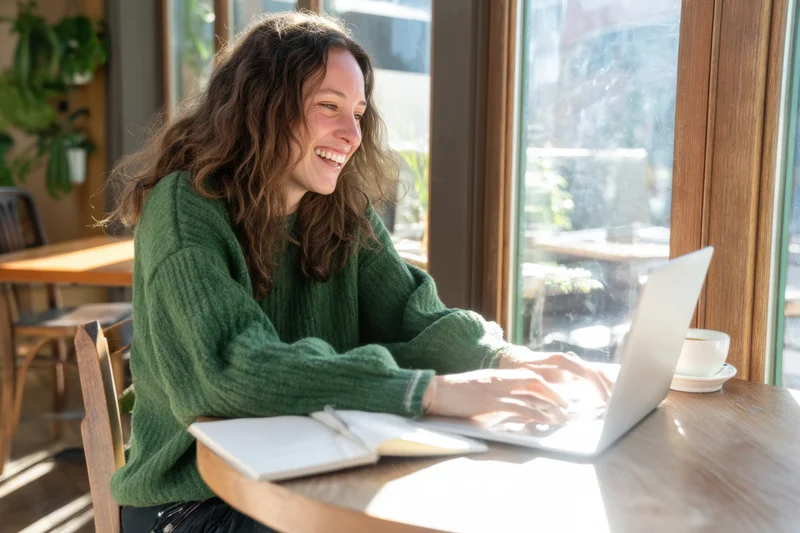 Woman smiling while typing on laptop at cafe table near window
