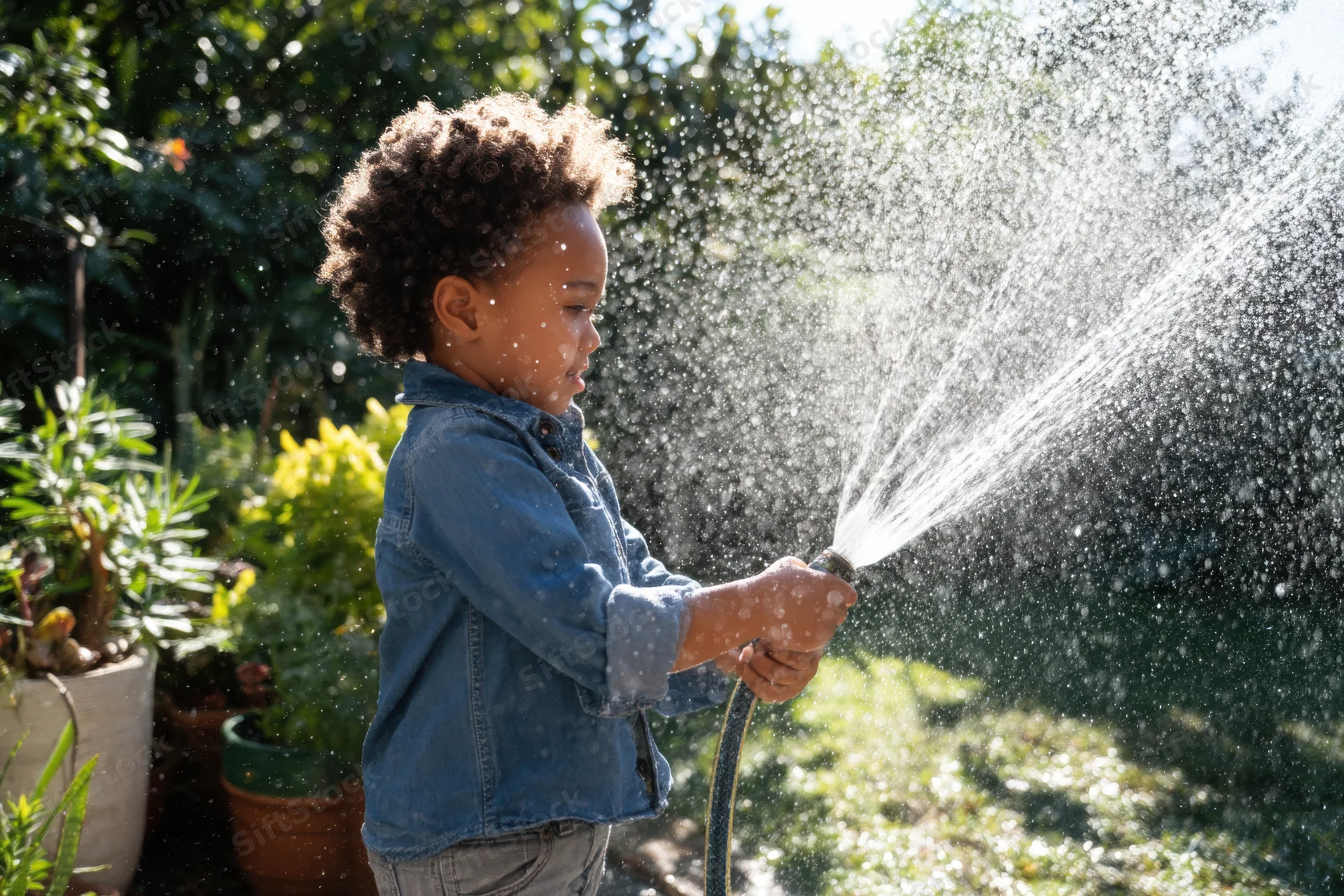 Young child holding garden hose spraying water in sunlit garden with potted plants