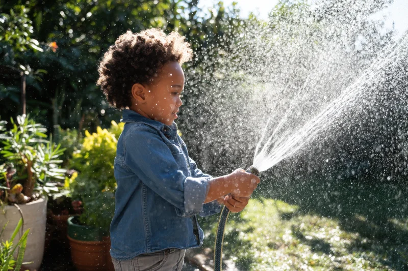 Young child holding garden hose spraying water in sunlit garden with potted plants