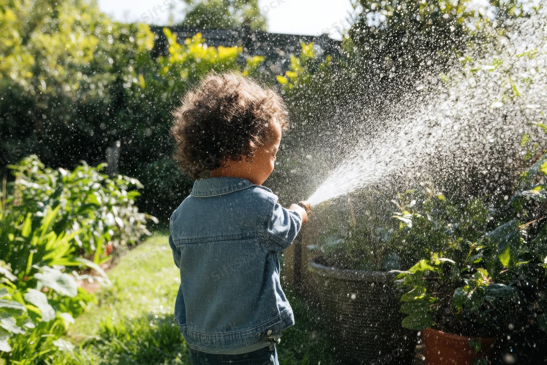 Young child with curly hair watering plants in a sunlit garden