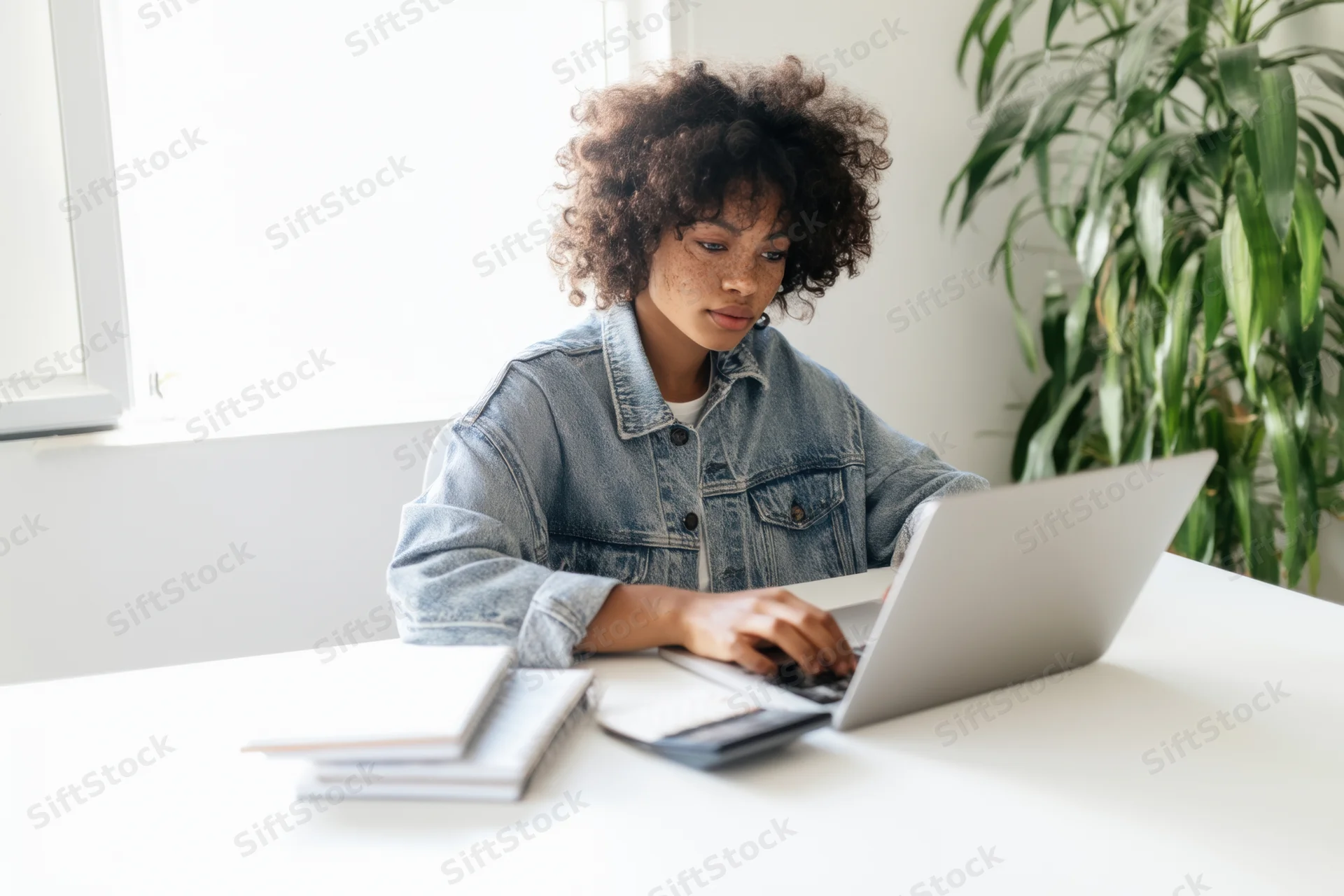 Young woman with curly hair typing on laptop at white desk in bright office space