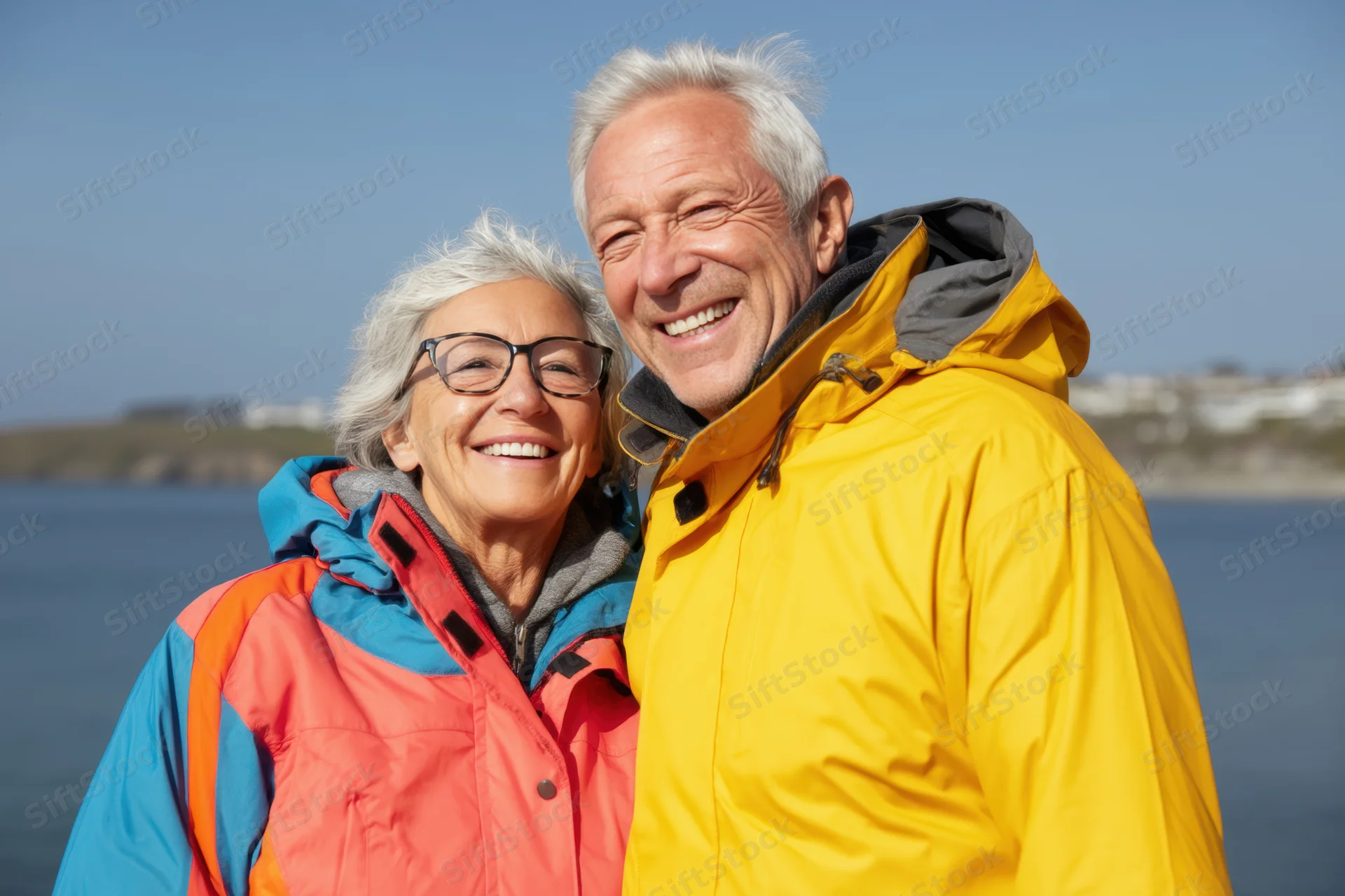 Elderly couple smiling closely together by a lake in bright waterproof jackets