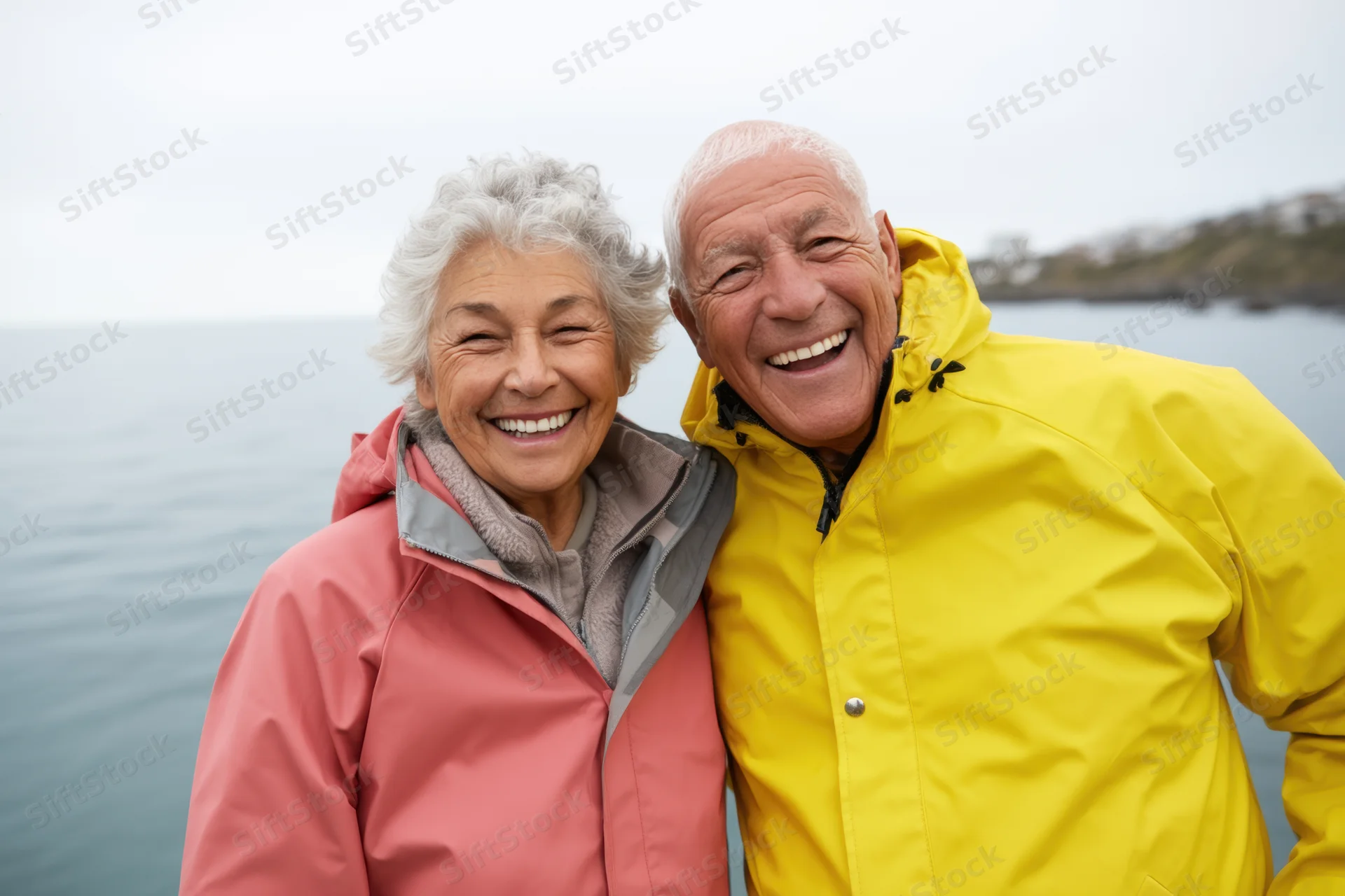 Elderly couple smiling and laughing together outdoors by the ocean in bright waterproof jackets
