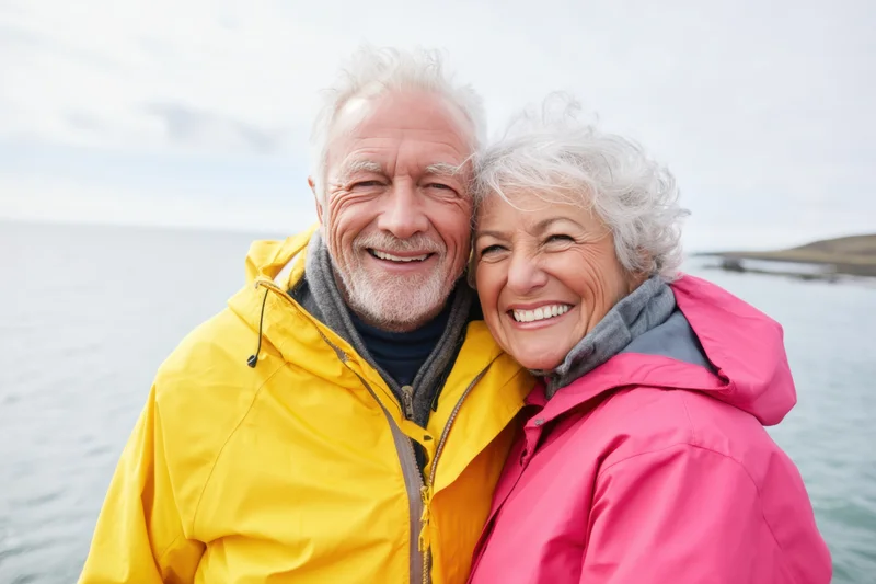 Elderly couple smiling closely together by the ocean in bright waterproof jackets