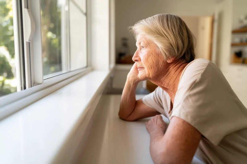 Elderly woman resting her chin on hand while gazing out kitchen window