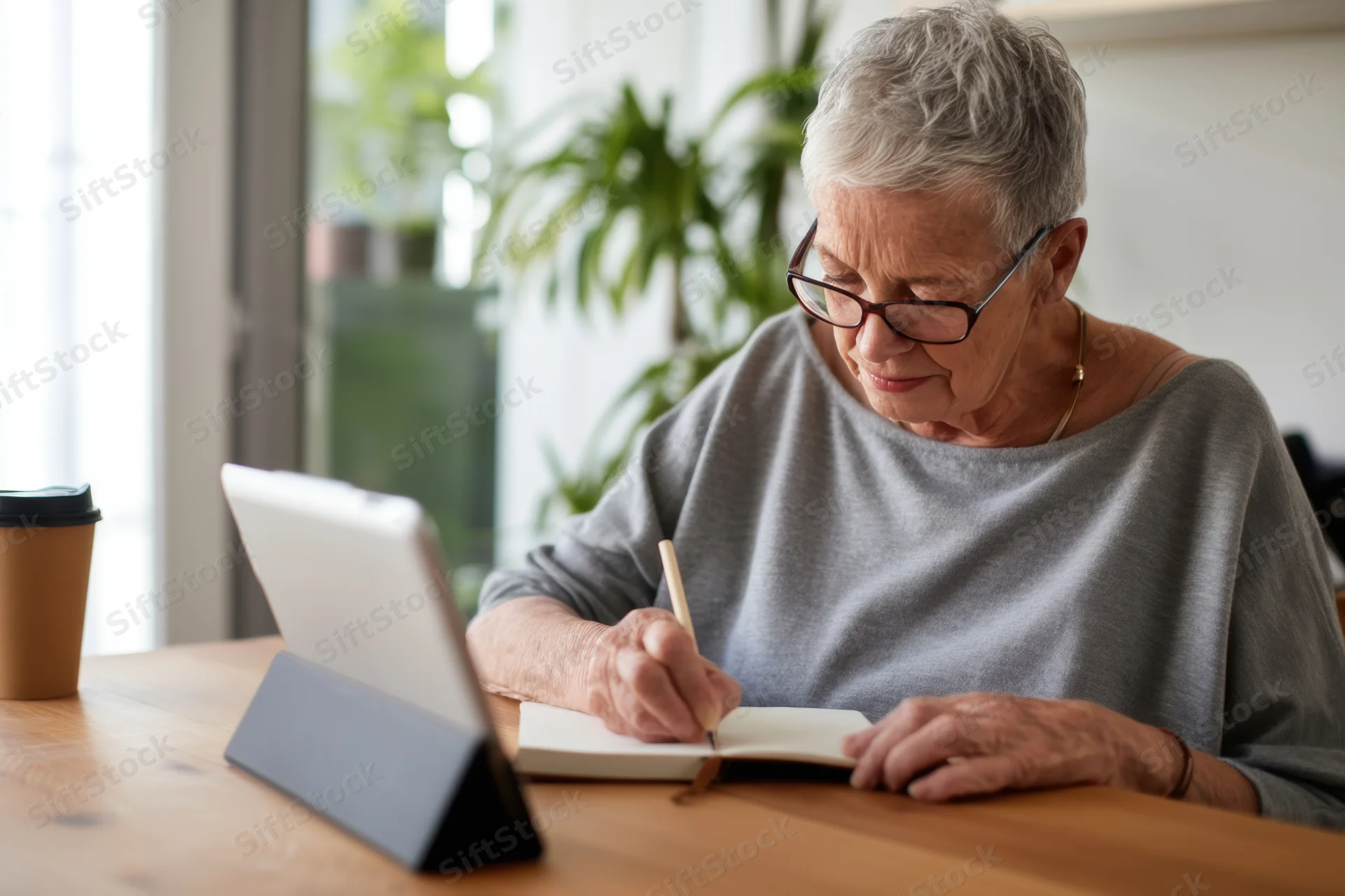 Elderly woman writing in notebook while using tablet at wooden desk at home