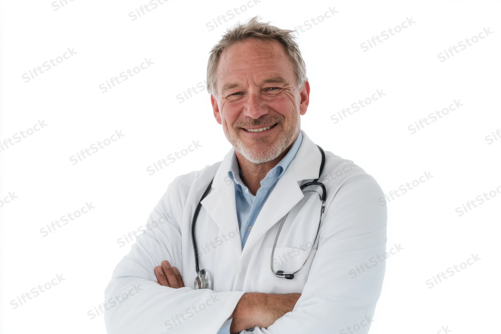 Male doctor in white lab coat with stethoscope smiling with arms crossed against white background