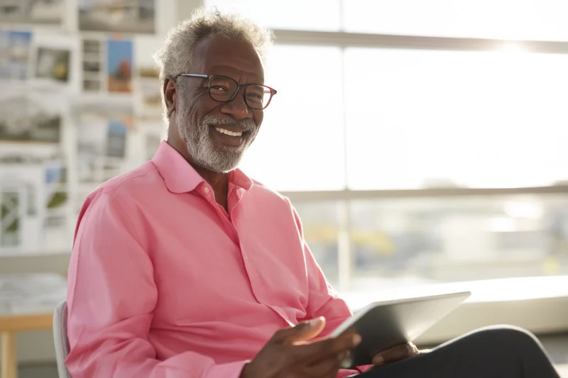 Senior man smiling while holding tablet in modern office workspace
