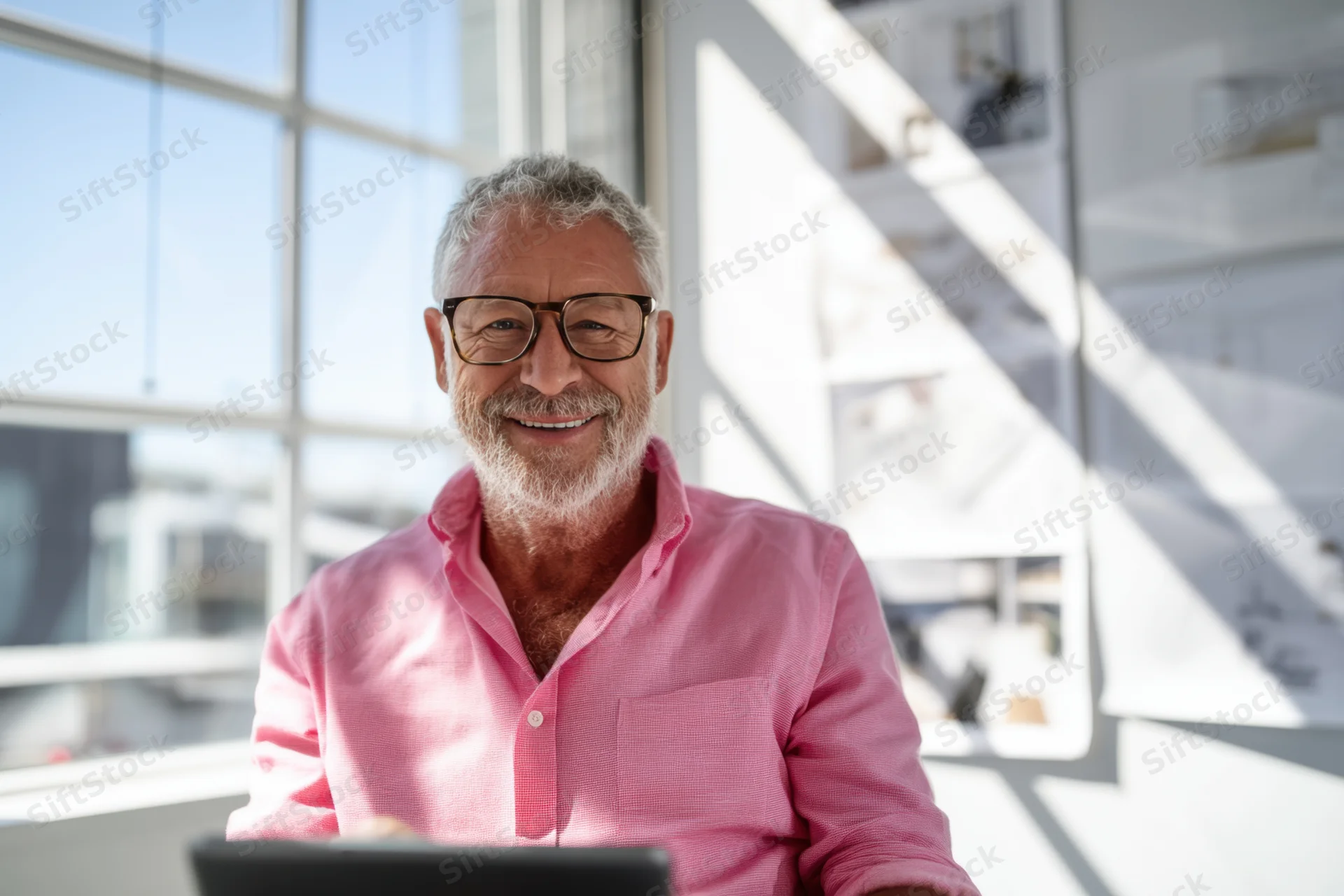 Smiling senior man with gray hair and beard wearing pink shirt in modern office workspace
