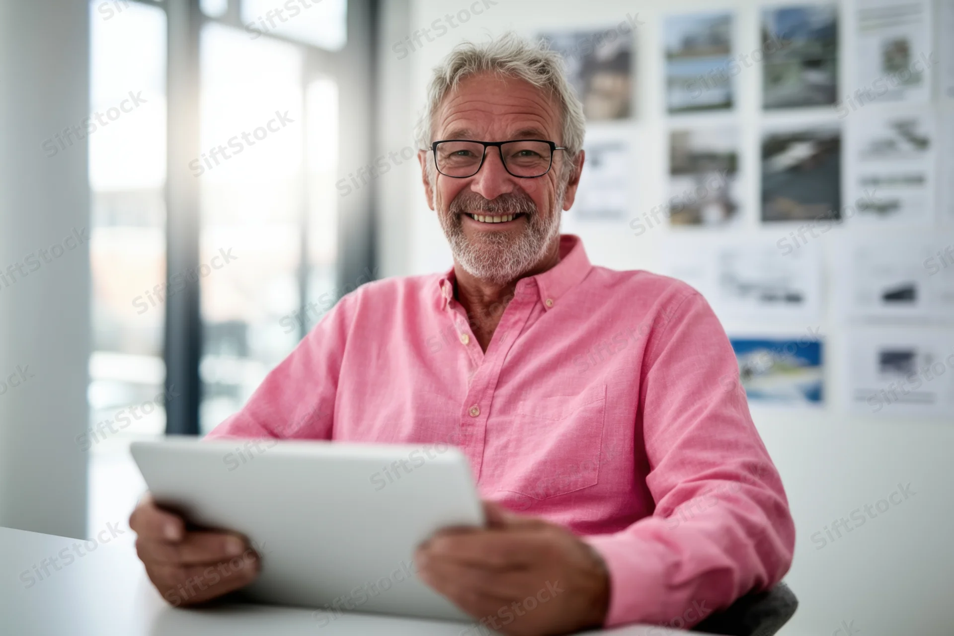 Senior man smiling while holding tablet in modern office workspace